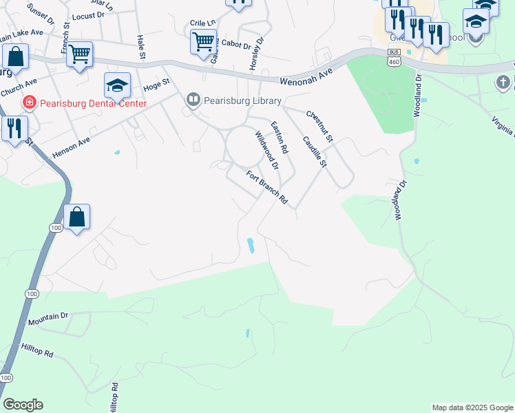 map of restaurants, bars, coffee shops, grocery stores, and more near 711 Clifford Street in Pearisburg