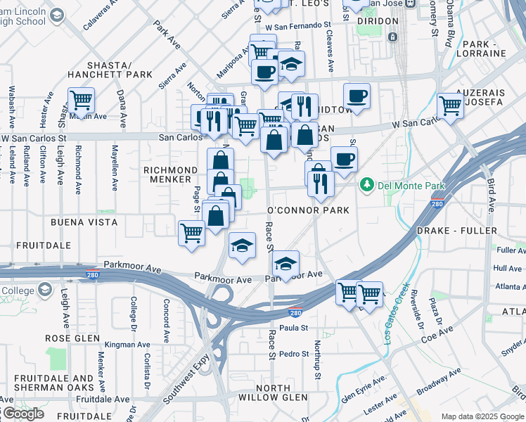 map of restaurants, bars, coffee shops, grocery stores, and more near 50 Saddle Rack Street in San Jose