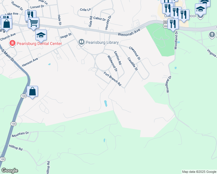 map of restaurants, bars, coffee shops, grocery stores, and more near 711 Clifford Street in Pearisburg