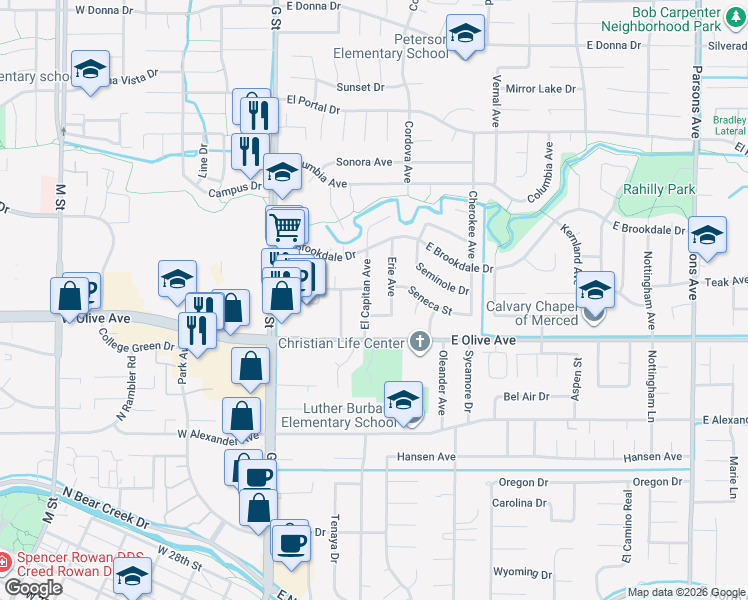 map of restaurants, bars, coffee shops, grocery stores, and more near 3166 El Capitan Avenue in Merced