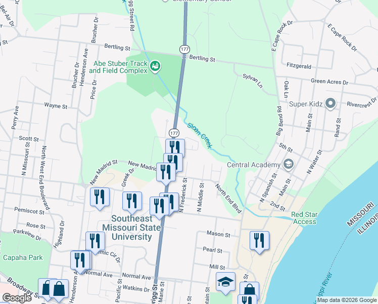 map of restaurants, bars, coffee shops, grocery stores, and more near 7 Village Drive in Cape Girardeau