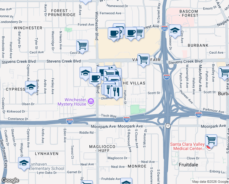 map of restaurants, bars, coffee shops, grocery stores, and more near 378 Santana Row in San Jose