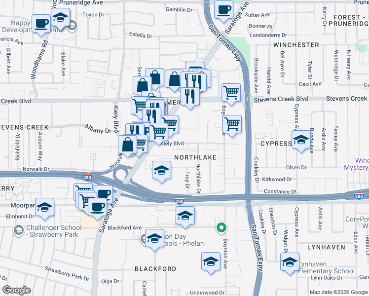 map of restaurants, bars, coffee shops, grocery stores, and more near 507 Kiely Boulevard in San Jose