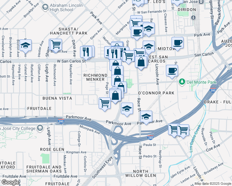 map of restaurants, bars, coffee shops, grocery stores, and more near 429 Meridian Avenue in San Jose
