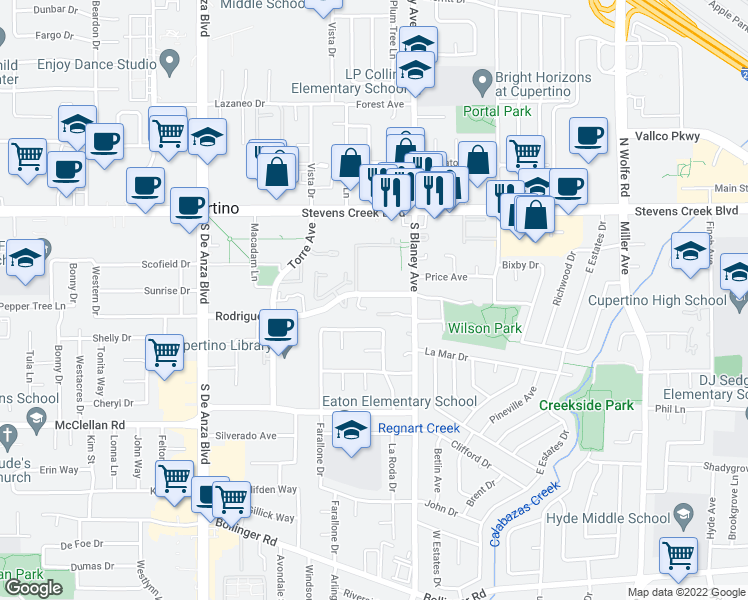map of restaurants, bars, coffee shops, grocery stores, and more near 20102 Rodrigues Avenue in Cupertino