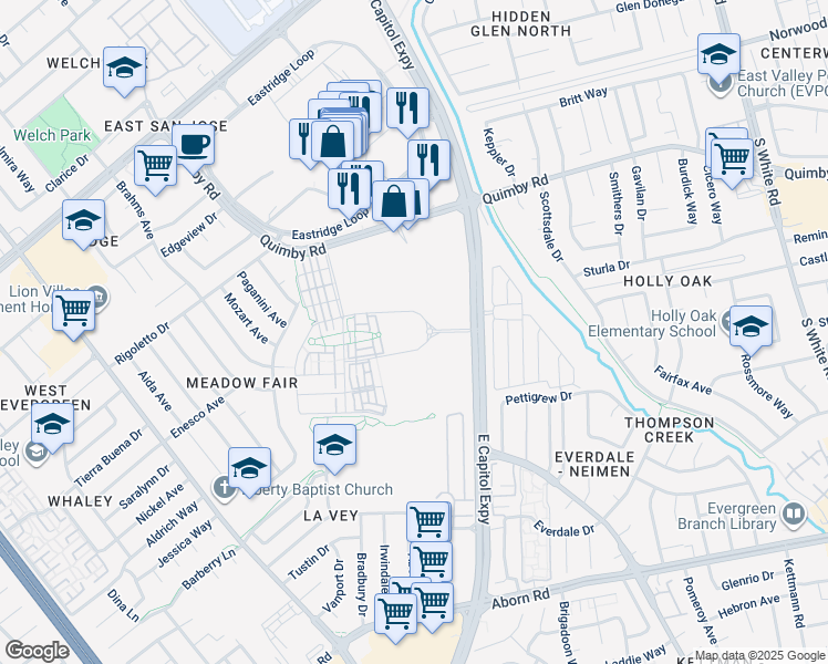 map of restaurants, bars, coffee shops, grocery stores, and more near 2218 Quimby Rd in San Jose