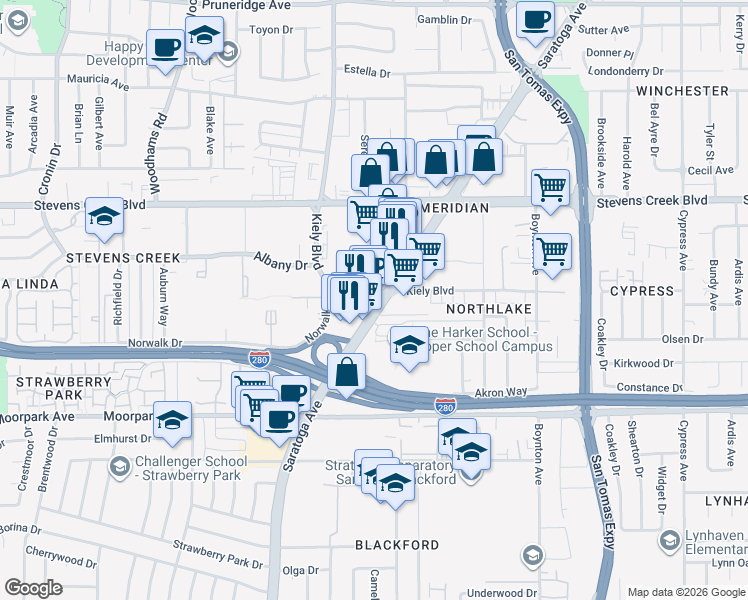 map of restaurants, bars, coffee shops, grocery stores, and more near 397 Kiely Boulevard in San Jose