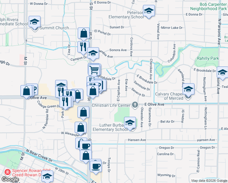 map of restaurants, bars, coffee shops, grocery stores, and more near 3158 College Avenue in Merced