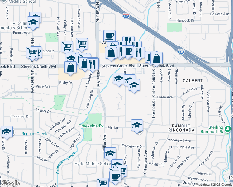 map of restaurants, bars, coffee shops, grocery stores, and more near 10191 Yoshino Pl in Cupertino