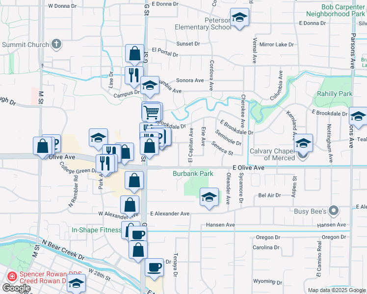 map of restaurants, bars, coffee shops, grocery stores, and more near 294 Seneca Street in Merced