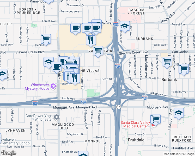 map of restaurants, bars, coffee shops, grocery stores, and more near 512 Villa Centre Way in San Jose