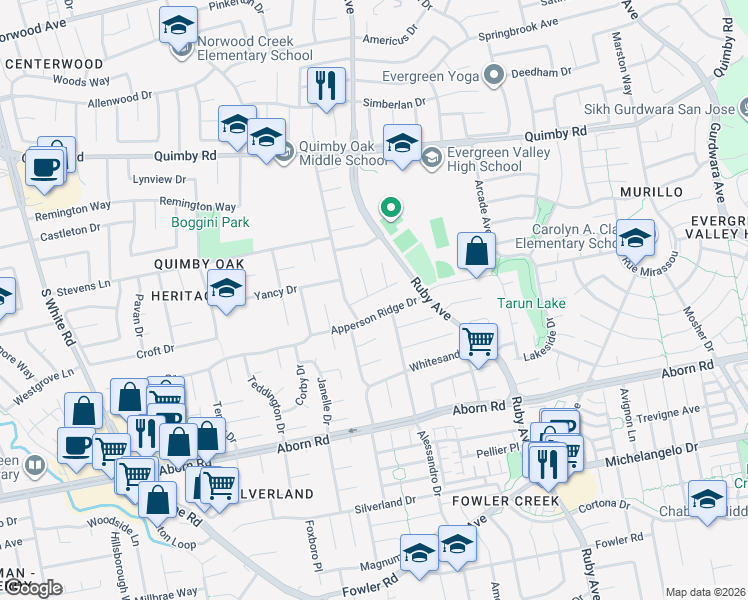 map of restaurants, bars, coffee shops, grocery stores, and more near 3199 Whiteleaf Court in San Jose