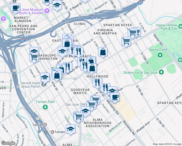 map of restaurants, bars, coffee shops, grocery stores, and more near 1140 South 2nd Street in San Jose