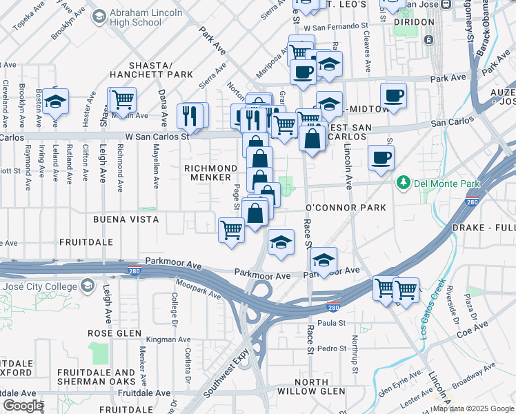 map of restaurants, bars, coffee shops, grocery stores, and more near 415 Meridian Avenue in San Jose
