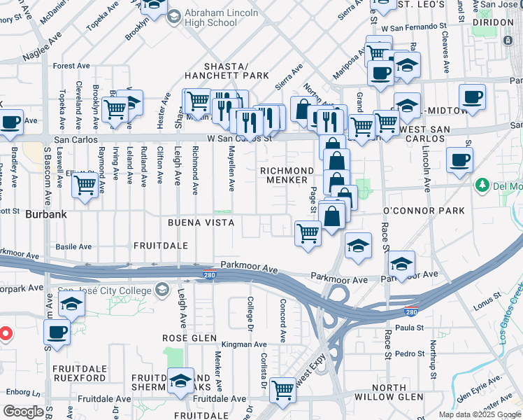 map of restaurants, bars, coffee shops, grocery stores, and more near 1545 Scott Street in San Jose