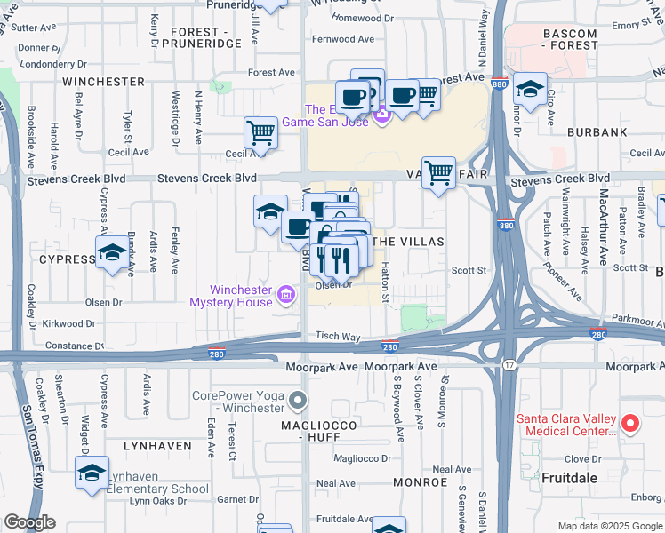 map of restaurants, bars, coffee shops, grocery stores, and more near 377 Santana Row in San Jose