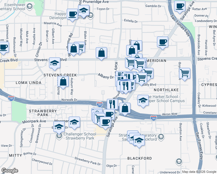 map of restaurants, bars, coffee shops, grocery stores, and more near 353 Kiely Boulevard in San Jose