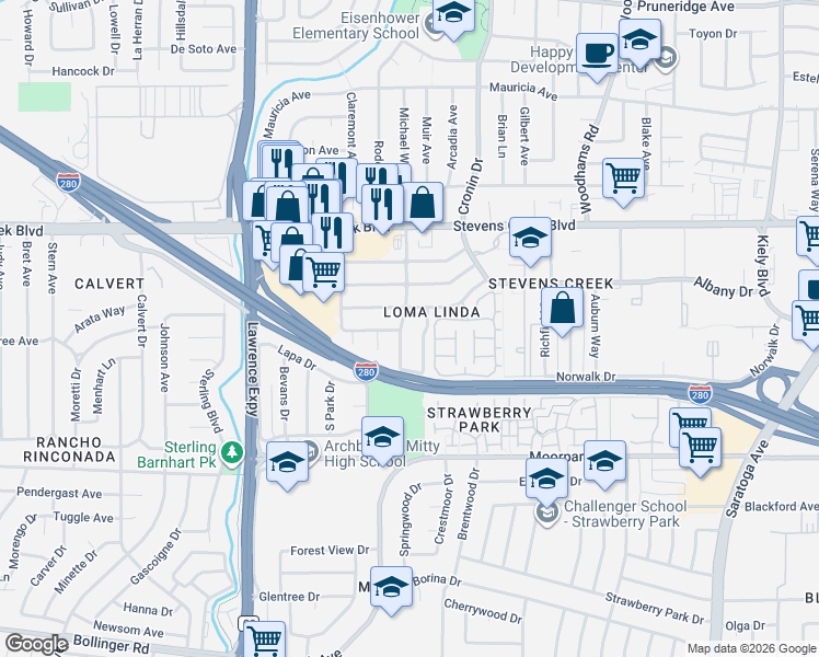 map of restaurants, bars, coffee shops, grocery stores, and more near 409 Casa Blanca Drive in San Jose