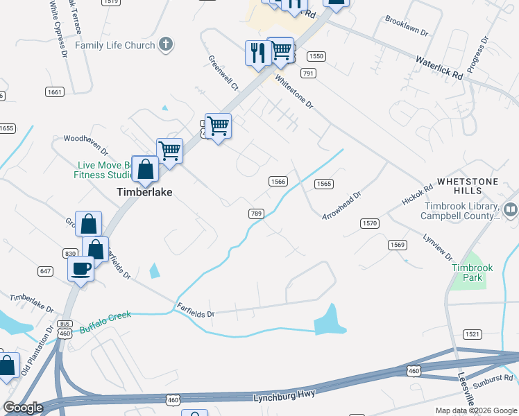 map of restaurants, bars, coffee shops, grocery stores, and more near 329-411 County Road 789 in Timberlake