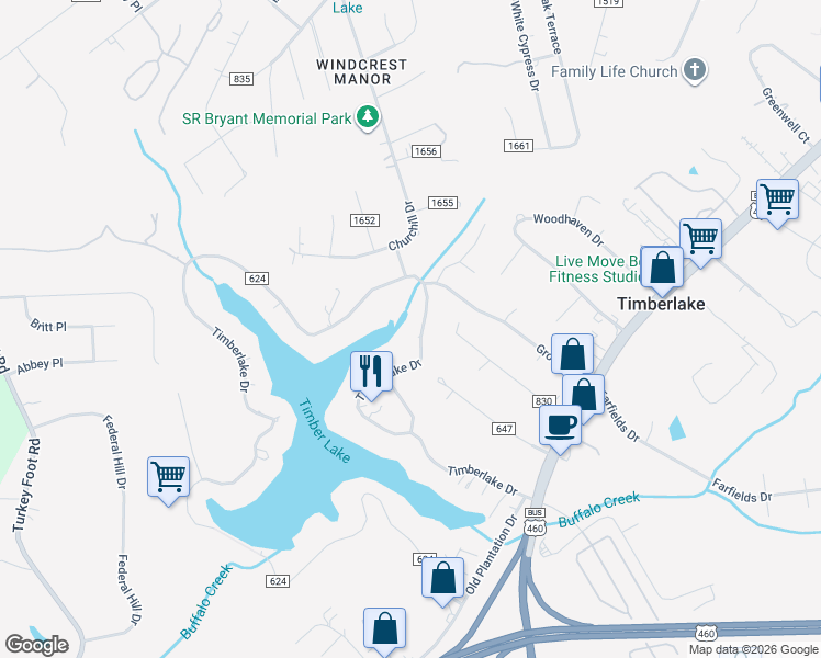 map of restaurants, bars, coffee shops, grocery stores, and more near 712 Timberlake Drive in Lynchburg