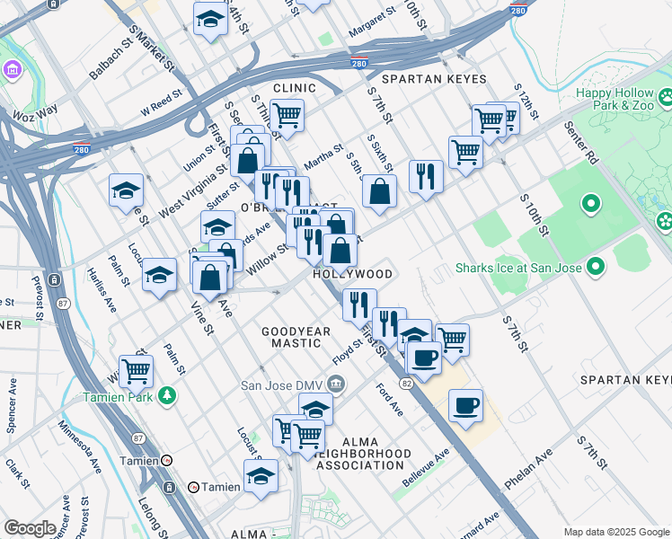 map of restaurants, bars, coffee shops, grocery stores, and more near 1144 South 2nd Street in San Jose
