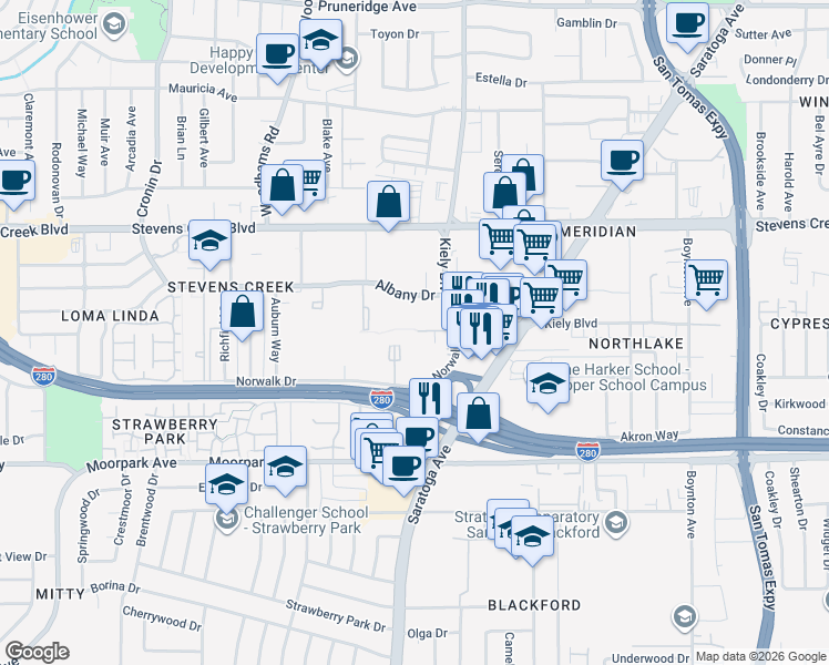 map of restaurants, bars, coffee shops, grocery stores, and more near 353 Kiely Boulevard in San Jose