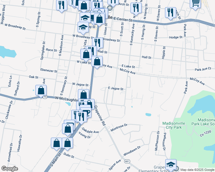 map of restaurants, bars, coffee shops, grocery stores, and more near East Jagoe Street in Madisonville