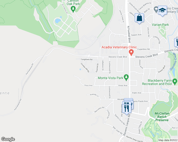 map of restaurants, bars, coffee shops, grocery stores, and more near 22917 Cricket Hill Road in Cupertino