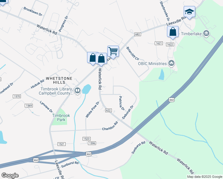 map of restaurants, bars, coffee shops, grocery stores, and more near 36 Bonneville Place in Lynchburg