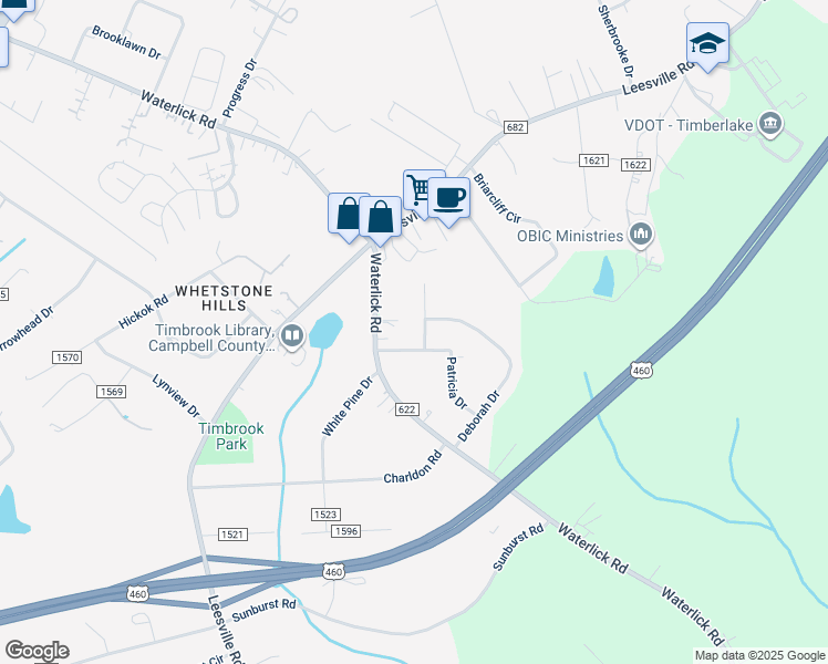 map of restaurants, bars, coffee shops, grocery stores, and more near 36 Bonneville Place in Lynchburg