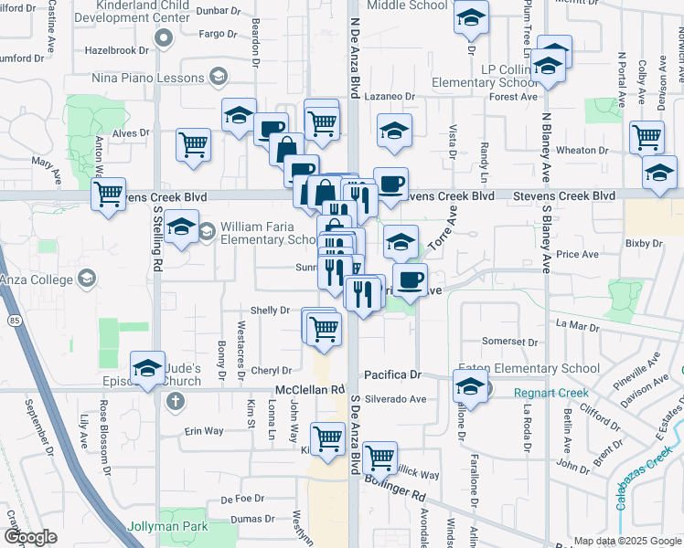 map of restaurants, bars, coffee shops, grocery stores, and more near 10211 South De Anza Boulevard in Cupertino