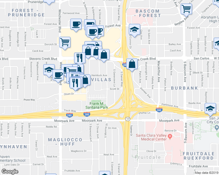 map of restaurants, bars, coffee shops, grocery stores, and more near 2791 Scott Street in San Jose