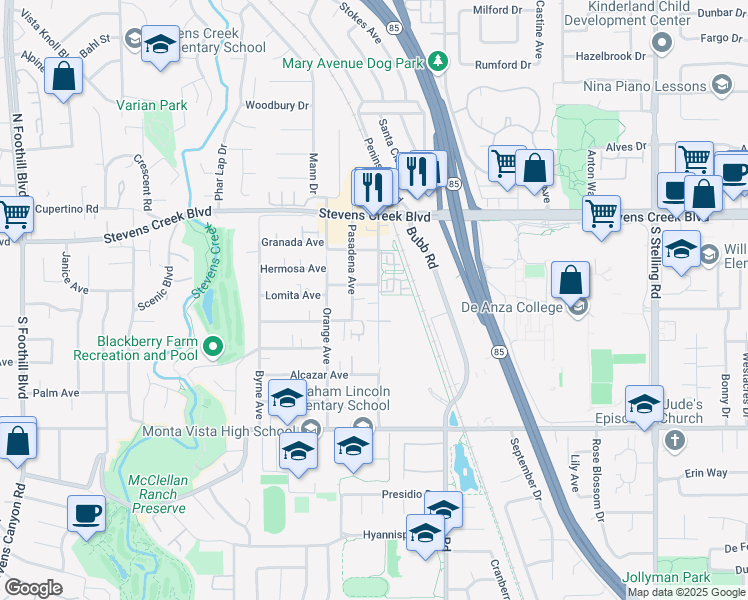 map of restaurants, bars, coffee shops, grocery stores, and more near 10207 Imperial Avenue in Cupertino