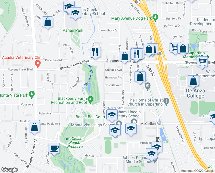 map of restaurants, bars, coffee shops, grocery stores, and more near 21918 Lomita Avenue in Cupertino