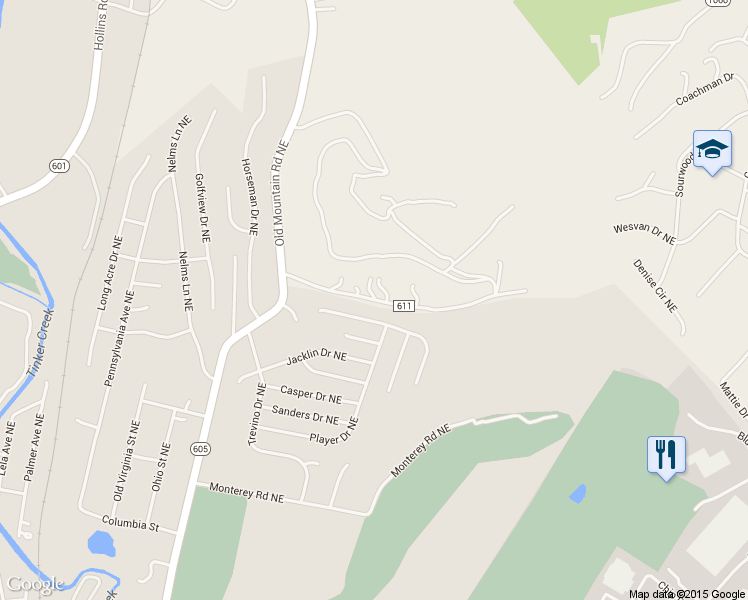 map of restaurants, bars, coffee shops, grocery stores, and more near 1603 State Route 611 in Roanoke