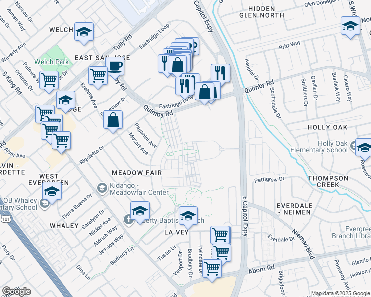 map of restaurants, bars, coffee shops, grocery stores, and more near 2671 Interlude Street in San Jose