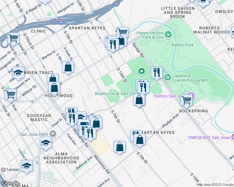 map of restaurants, bars, coffee shops, grocery stores, and more near 1257 South 10th Street in San Jose