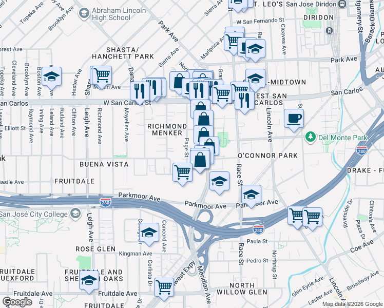 map of restaurants, bars, coffee shops, grocery stores, and more near 1418 Serena Court in San Jose