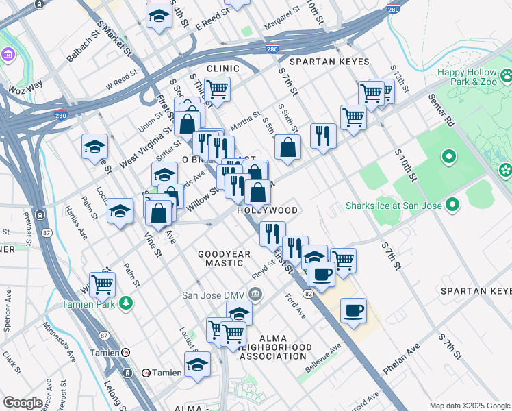 map of restaurants, bars, coffee shops, grocery stores, and more near in San Jose