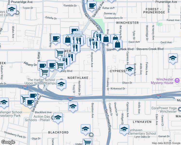 map of restaurants, bars, coffee shops, grocery stores, and more near 421 Boynton Avenue in San Jose