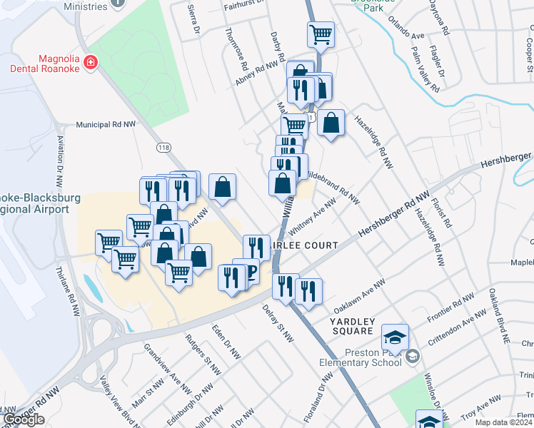 map of restaurants, bars, coffee shops, grocery stores, and more near 5122 Woodbury Street Northwest in Roanoke