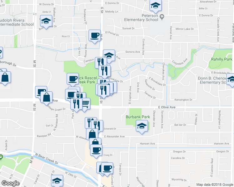 map of restaurants, bars, coffee shops, grocery stores, and more near 250 Seneca Street in Merced