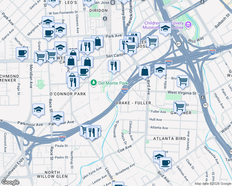 map of restaurants, bars, coffee shops, grocery stores, and more near 506 Hannah Street in San Jose