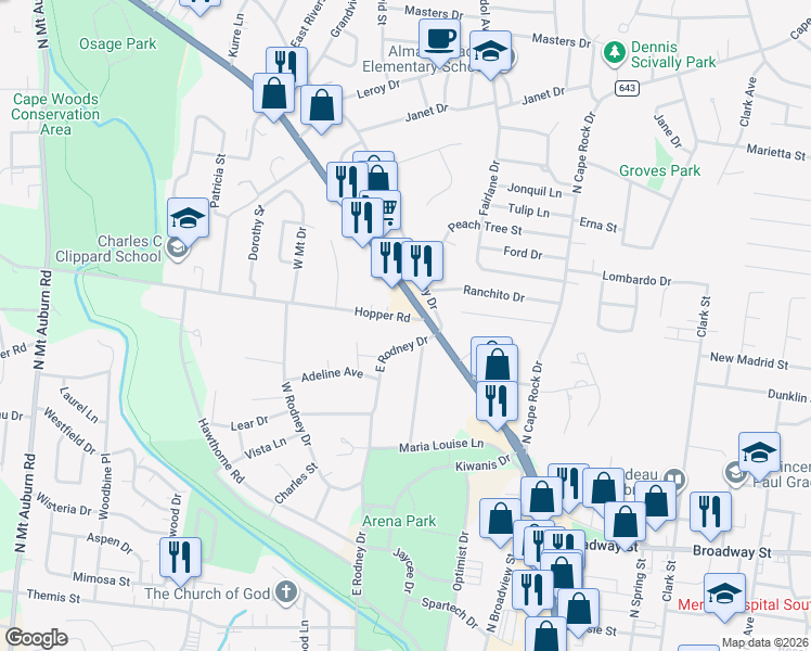 map of restaurants, bars, coffee shops, grocery stores, and more near 2601 Hopper Road in Cape Girardeau