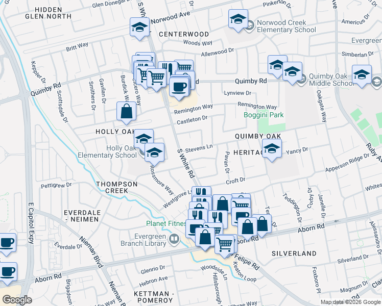 map of restaurants, bars, coffee shops, grocery stores, and more near 2910 Stevens Lane in San Jose