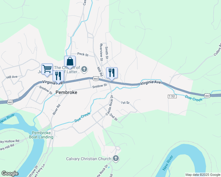 map of restaurants, bars, coffee shops, grocery stores, and more near 105 Castle Rock Drive in Pembroke