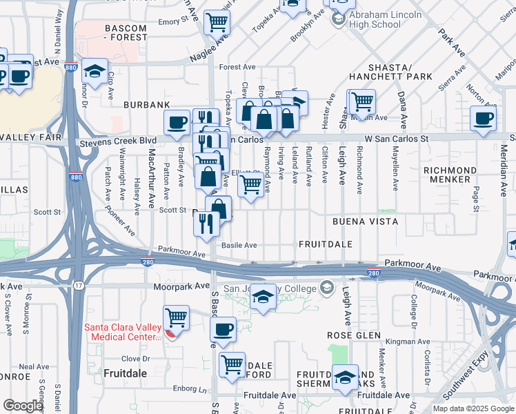 map of restaurants, bars, coffee shops, grocery stores, and more near 496 Arleta Avenue in San Jose