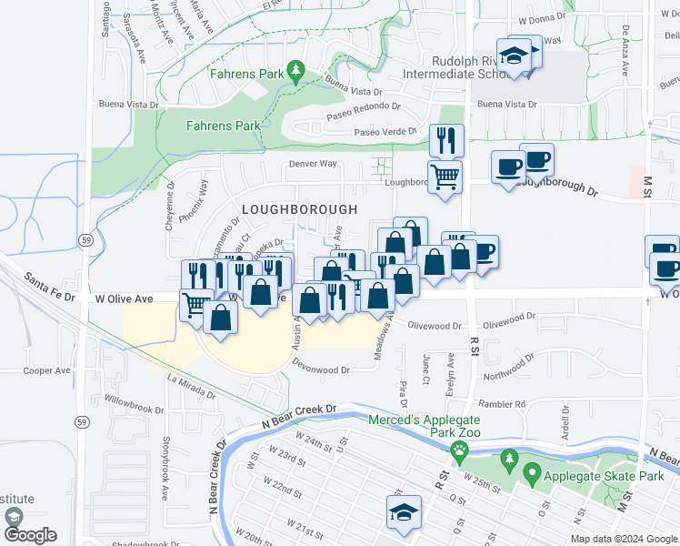 map of restaurants, bars, coffee shops, grocery stores, and more near 1411 Conestoga Drive in Merced