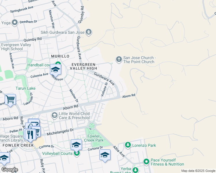 map of restaurants, bars, coffee shops, grocery stores, and more near 4122 Voltaire Street in San Jose