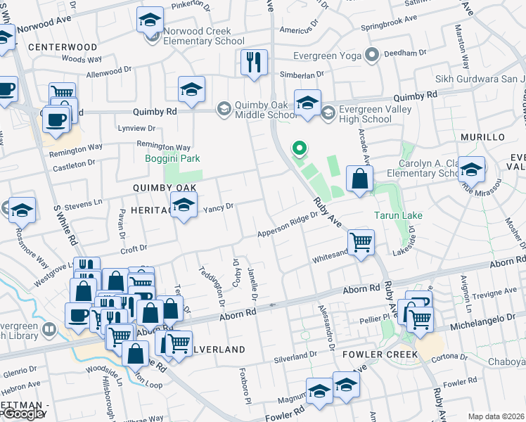map of restaurants, bars, coffee shops, grocery stores, and more near 3151 Apperson Ridge Court in San Jose